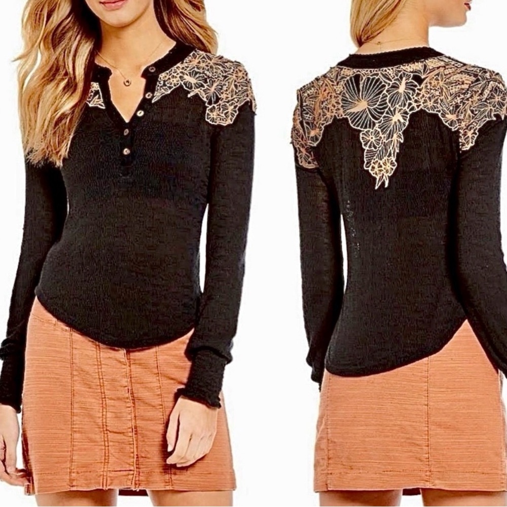 Free People Easy Breezy Floral Embroidered Boho Henley Blk/peach XS